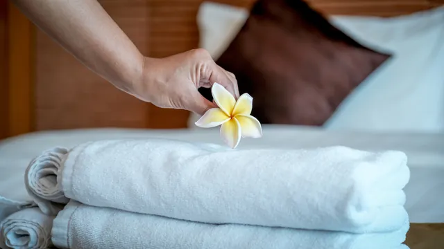 Fresh towels arranged on a guest-room bed